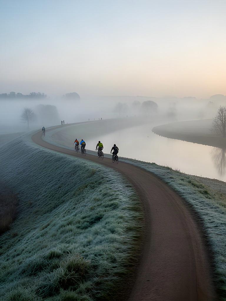 Fietsers volgen een bocht in de Waaldijk bij Puiflijk terwijl ochtendmist boven de uiterwaarden hangt