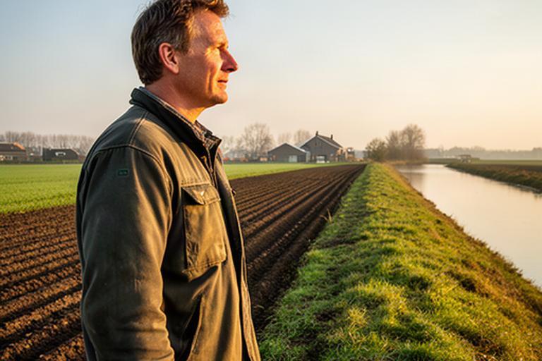Agrariër bekijkt een akker langs een dijk in het Gelderse rivierengebied