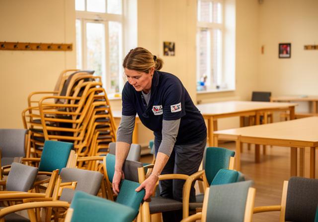 Vrijwilliger zet stoelen klaar in een buurthuis in Deest voordat bezoekers binnenkomen