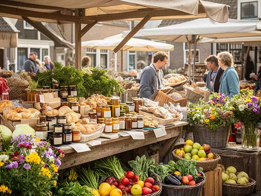 Kramen met streekproducten op een seizoensmarkt in het dorp Deest