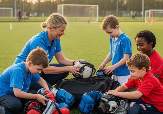 Vrijwilliger helpt jonge sporters hun materiaal klaar te zetten bij een jeugdtraining op een Drutens sportpark