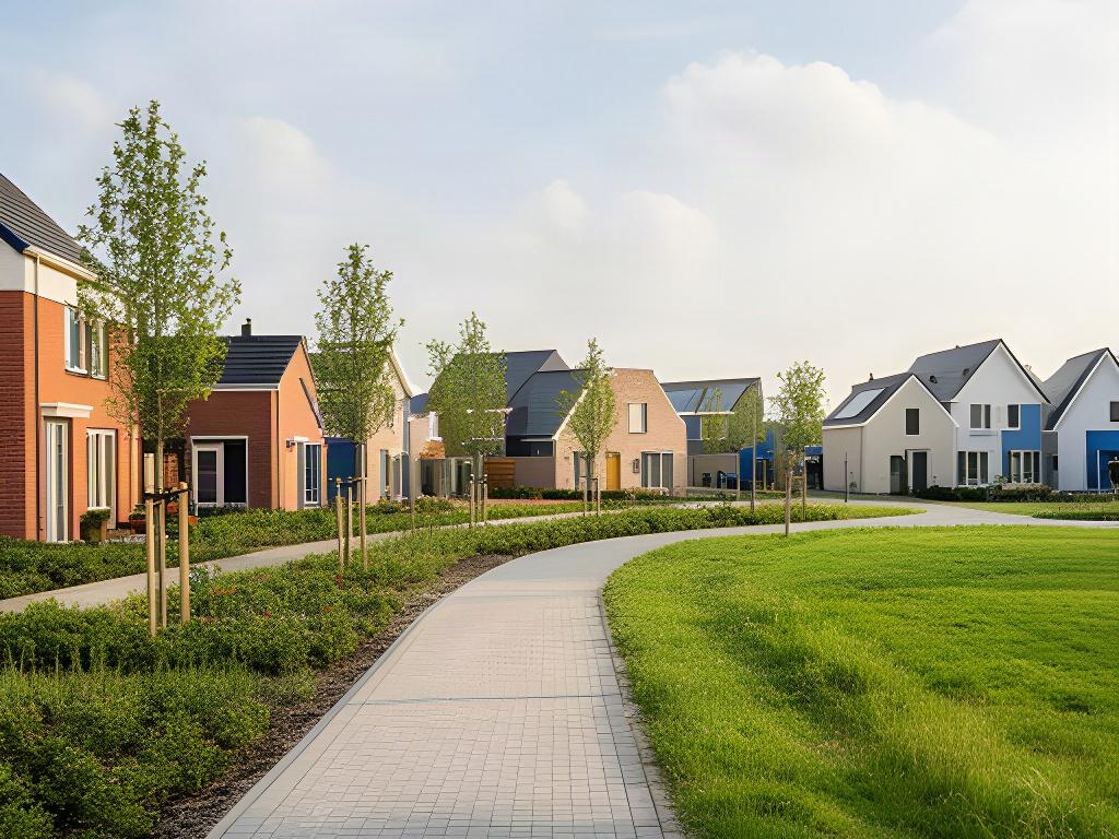 Nieuwe woonwijk aan de rand van Druten met huizen, groenstrook en voetpad in beeld